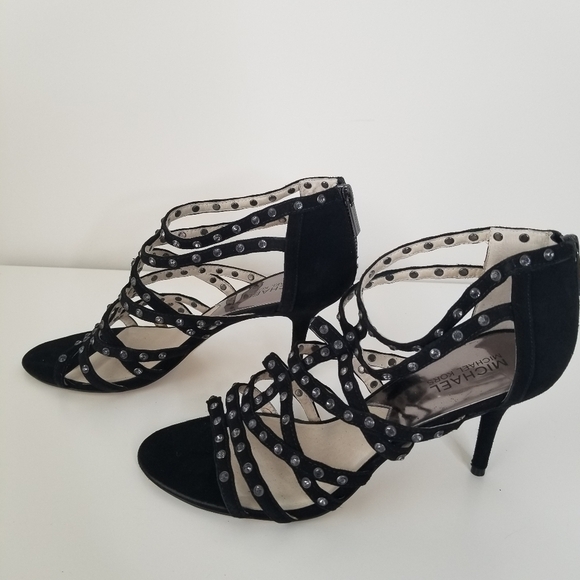 Michael Michael Kors Maddie Jeweled T-Strap Suede Peep Toe Heels Black Size 9 - Picture 11 of 12